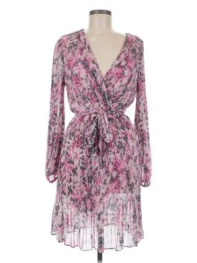 DKNY Pink Floral Long-Sleeve Wrap Dress with Tie Waist
